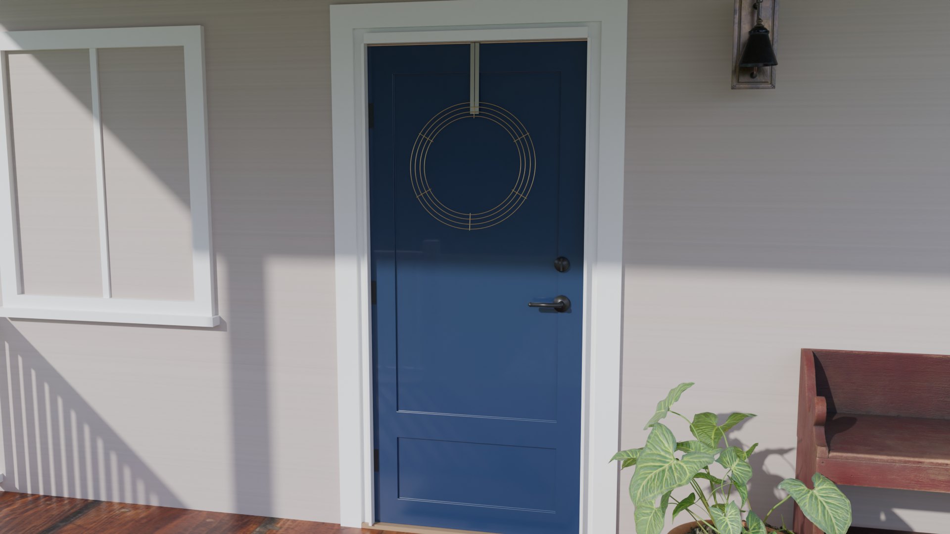 The finished hang on a navy front door